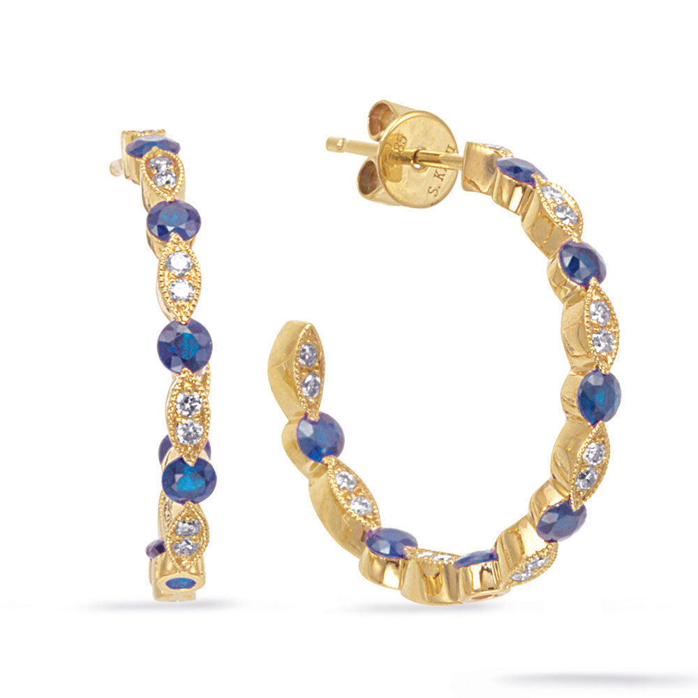 This Earring is available in 14K Yellow Gold. There are a total of 44 stones. There are Rounds with a total carat weight of 0.24 set in a Channel Set|Prong Set setting.There are Sapphire stones with a total carat weight of 0.98 set in a Channel Set|Prong Set.