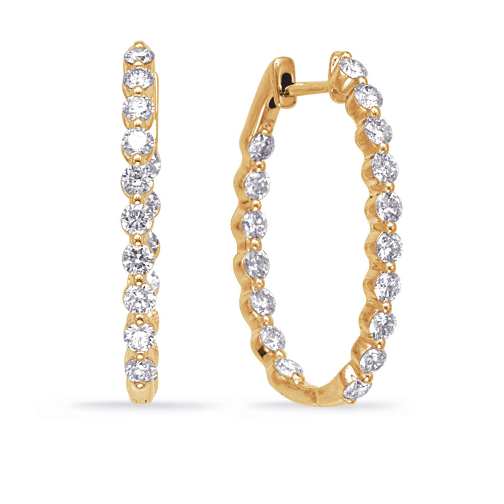 This Earring is available in 14K Yellow Gold. There are a total of 34 stones. There are Rounds with a total carat weight of 1.72 set in a Shared Prongs setting.