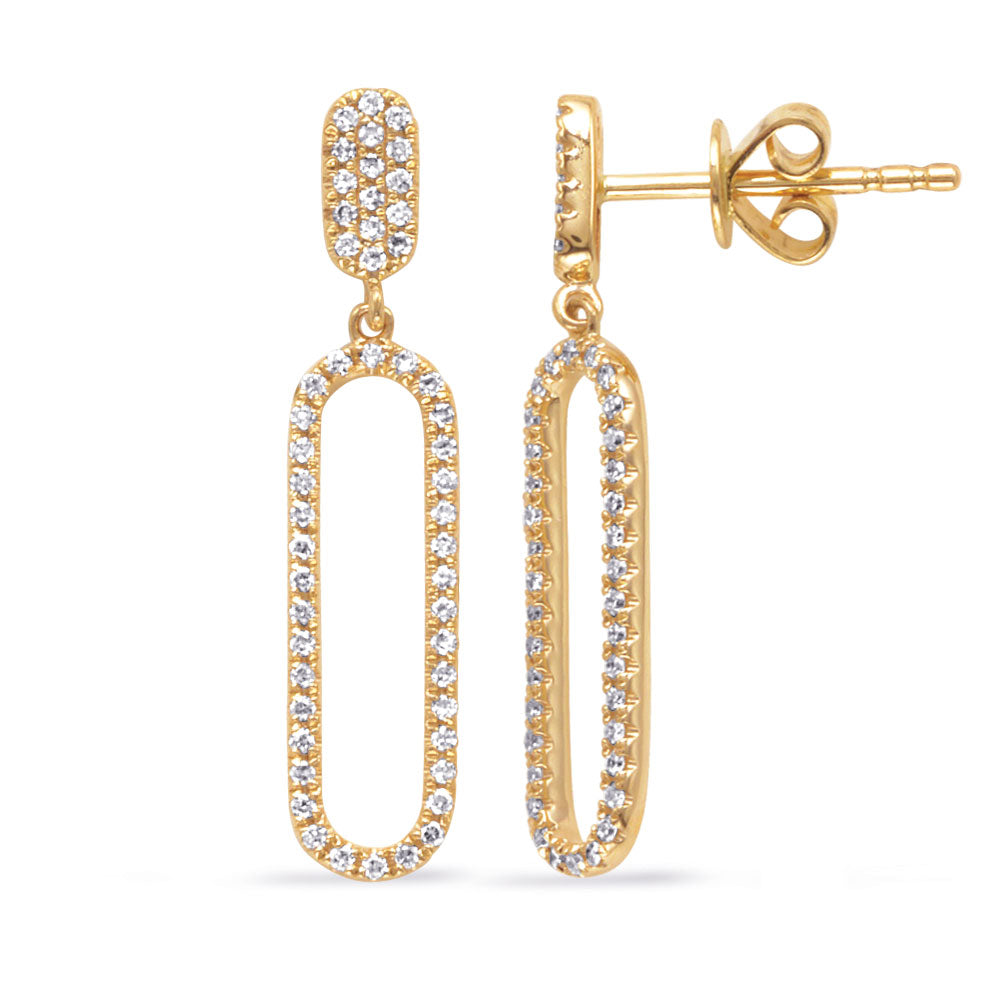 This Earring is available in 14K Yellow Gold. There are a total of 104 stones. There are Rounds with a total carat weight of 0.28 set in a Micro Prong setting.