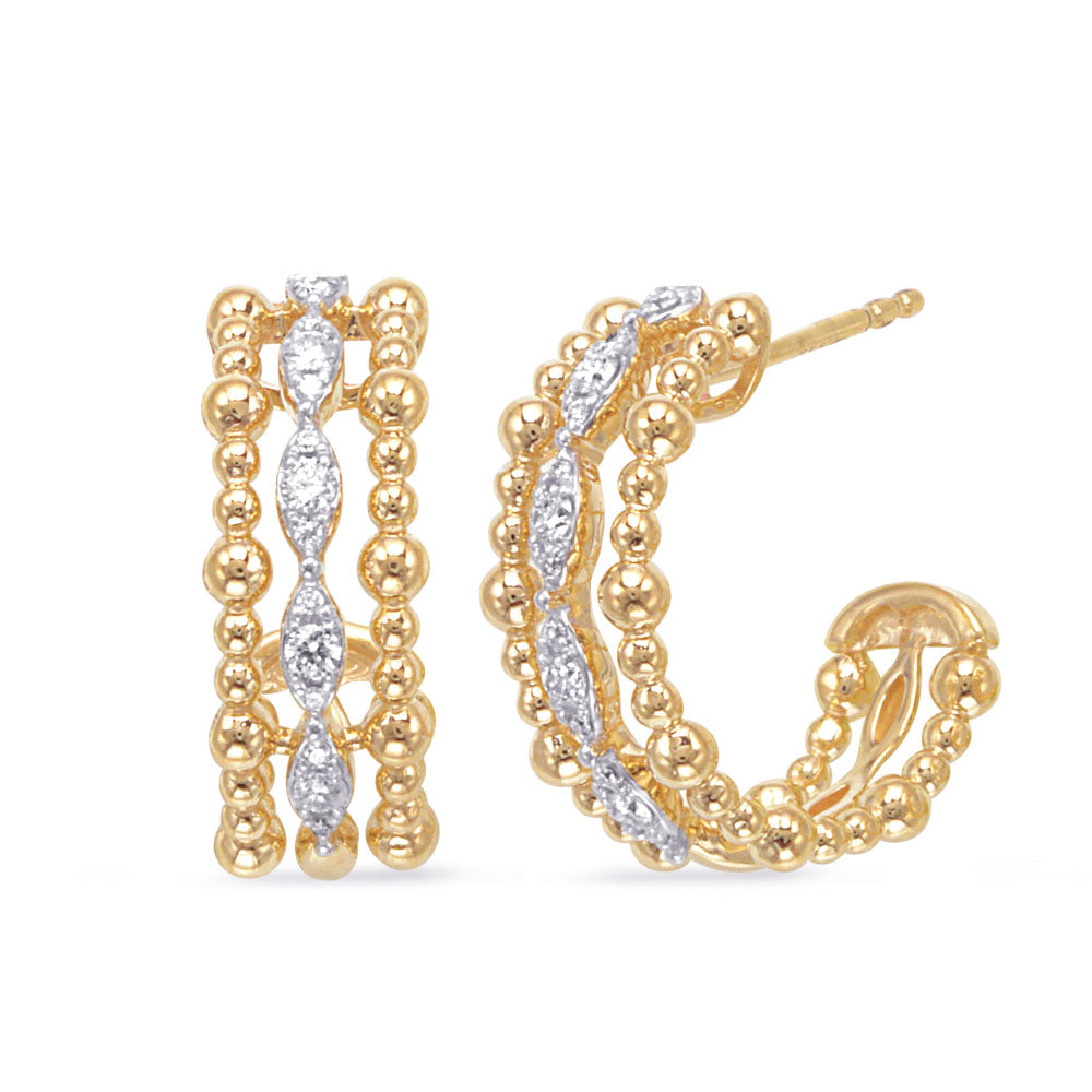 This Earring is available in 14K Yellow Gold. There are a total of 26 stones. There are Rounds with a total carat weight of 0.2 set in a Micro Prong setting.