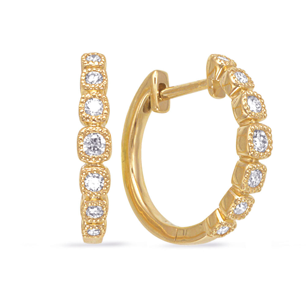 This Earring is available in 14K Yellow Gold. There are a total of 14 stones. There are Rounds with a total carat weight of 0.22 set in a Micro Pave setting.