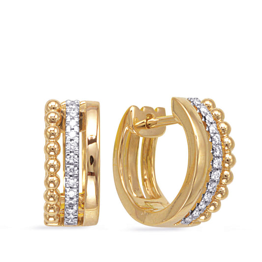 This Earring is available in 14K Yellow Gold. There are a total of 26 stones. There are Rounds with a total carat weight of 0.13 set in a Micro Prong setting.
