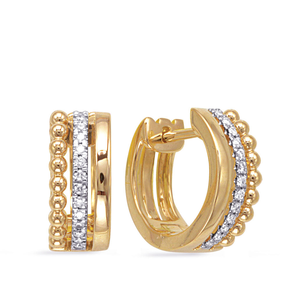This Earring is available in 14K Yellow Gold. There are a total of 26 stones. There are Rounds with a total carat weight of 0.13 set in a Micro Prong setting.