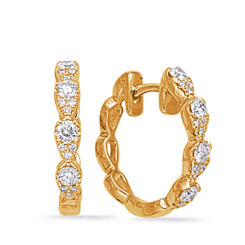 This Earring is available in 14K Yellow Gold. There are a total of 32 stones. There are Rounds with a total carat weight of 0.42 set in a Micro Prong|Prong Set setting.