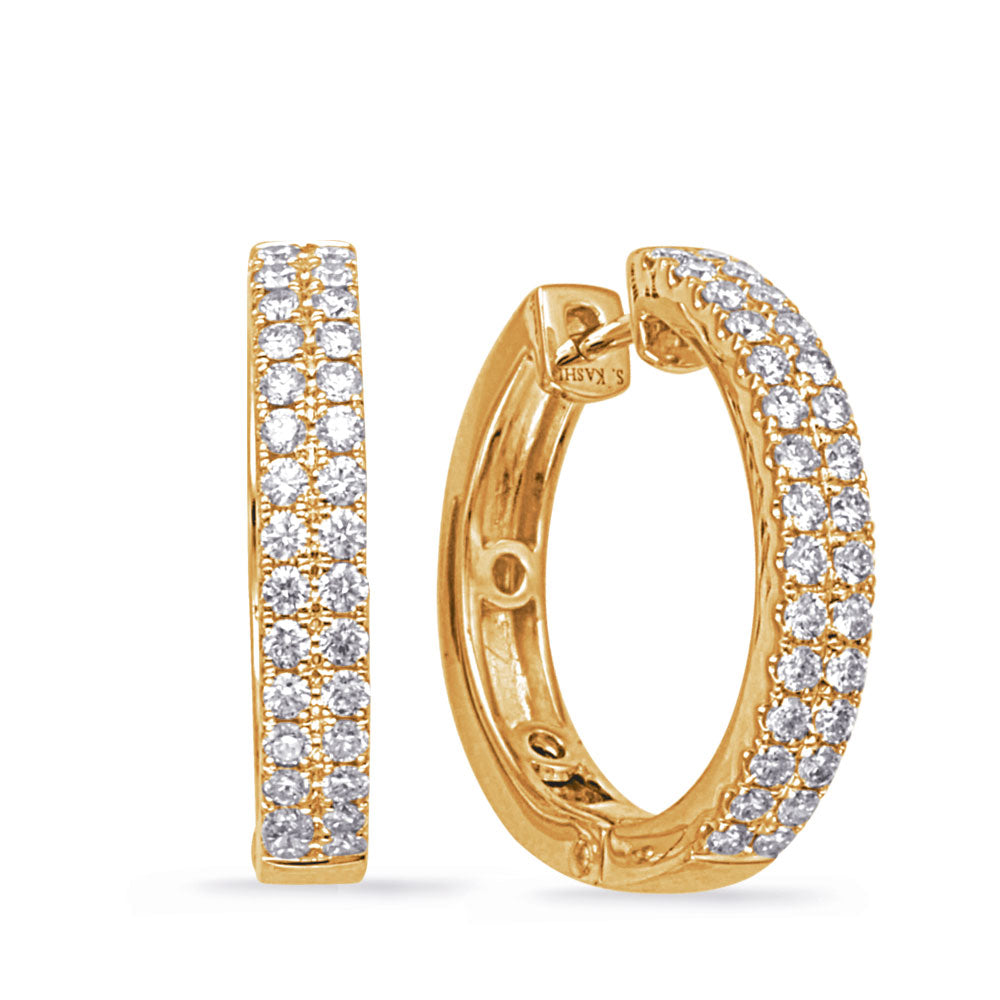This Earring is available in 14K Yellow Gold. There are a total of 60 stones. There are Rounds with a total carat weight of 0.77 set in a Prong Set setting.