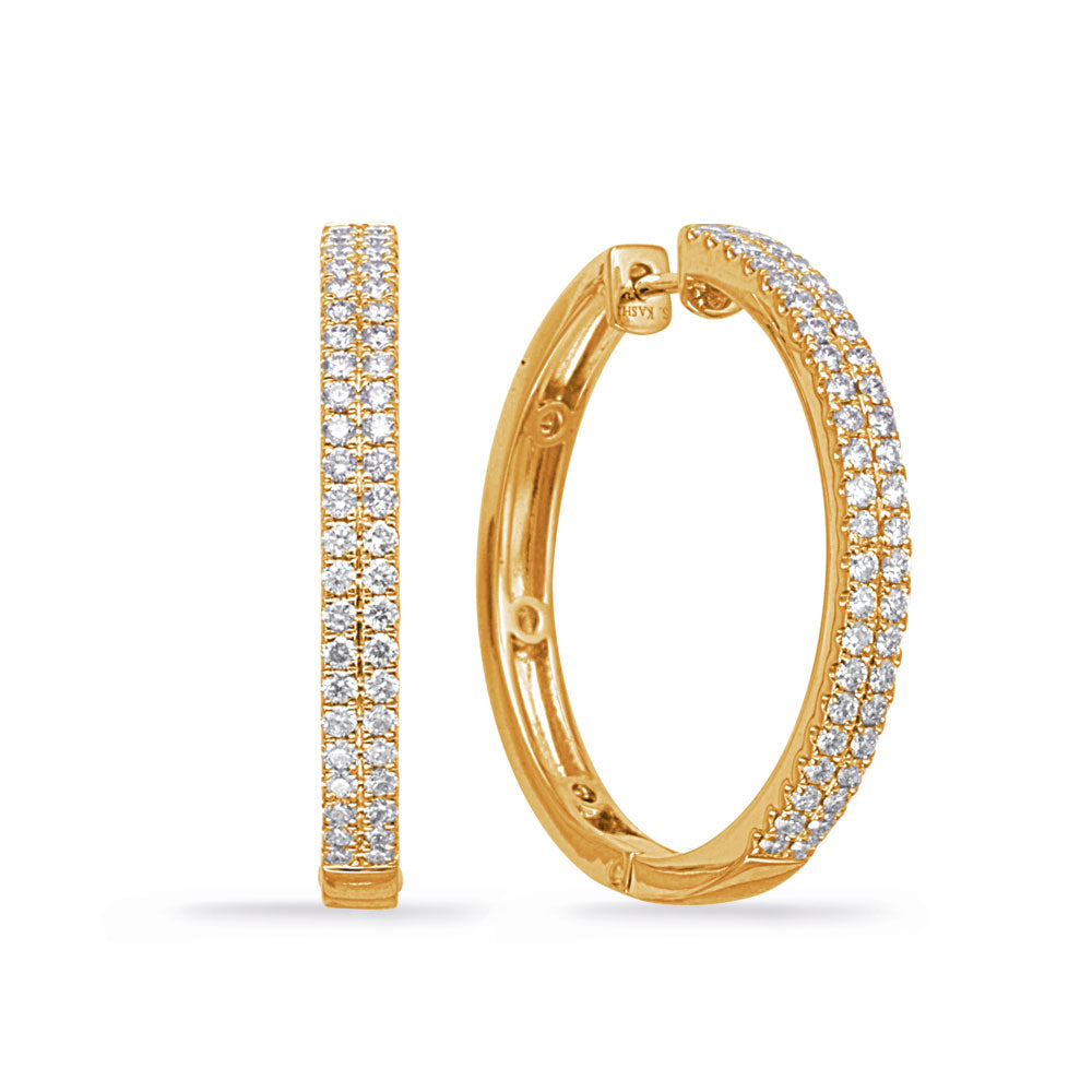 This Earring is available in 14K Yellow Gold. There are a total of 92 stones. There are Rounds with a total carat weight of 1.18 set in a Micro Prong setting.