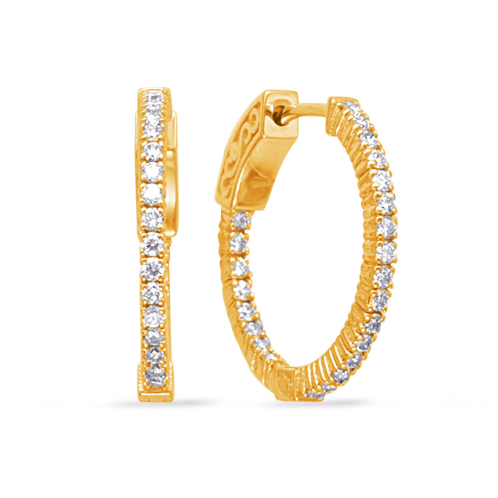 This Earring is available in 14K Yellow Gold. There are a total of 50 stones. There are Rounds with a total carat weight of 0.47 set in a Prong Set setting.