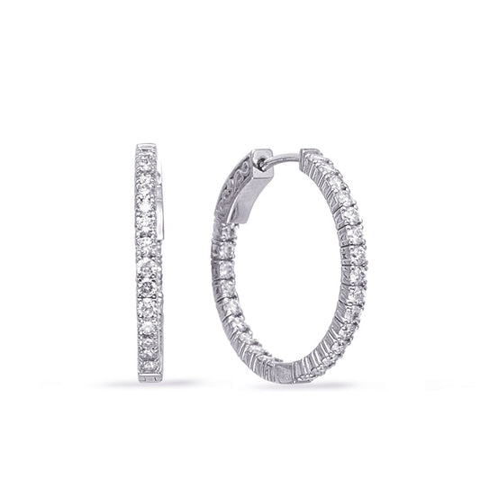 This Earring is available in 14K White Gold. There are a total of 50 stones. There are Rounds with a total carat weight of 1 set in a Prong Set setting.