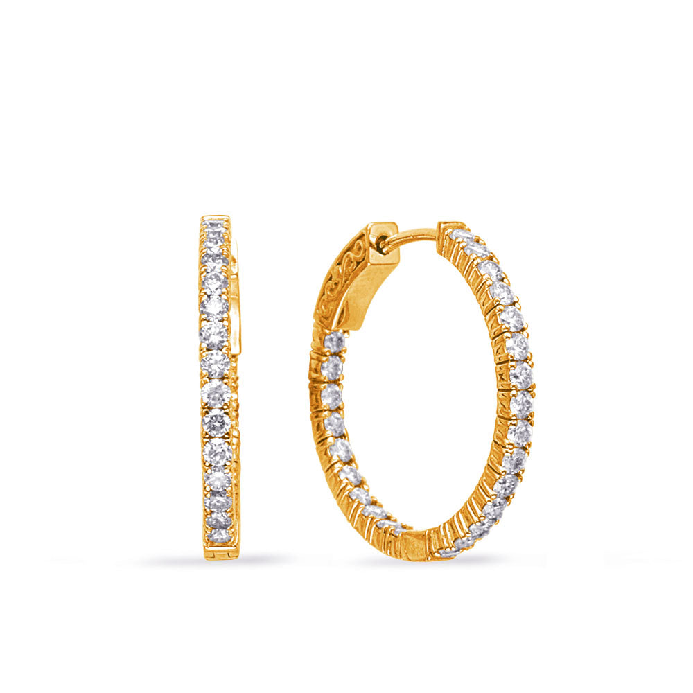 This Earring is available in 14K Yellow Gold. There are a total of 50 stones. There are Rounds with a total carat weight of 1 set in a Prong Set setting.
