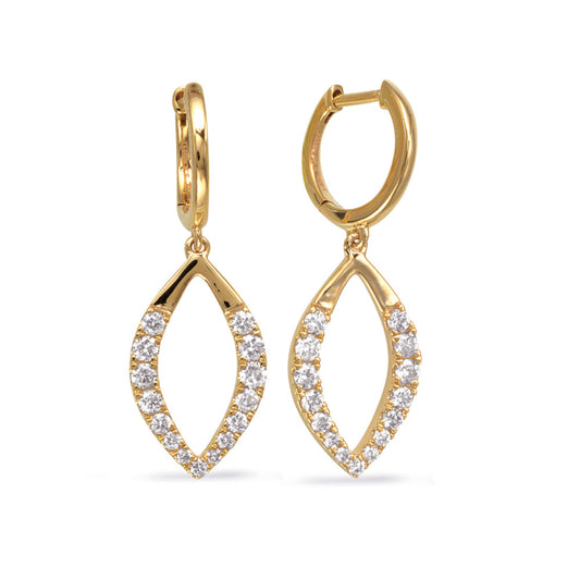 This Earring is available in 14K Yellow Gold. There are a total of 30 stones. There are Rounds with a total carat weight of 0.58 set in a Prong Set setting.