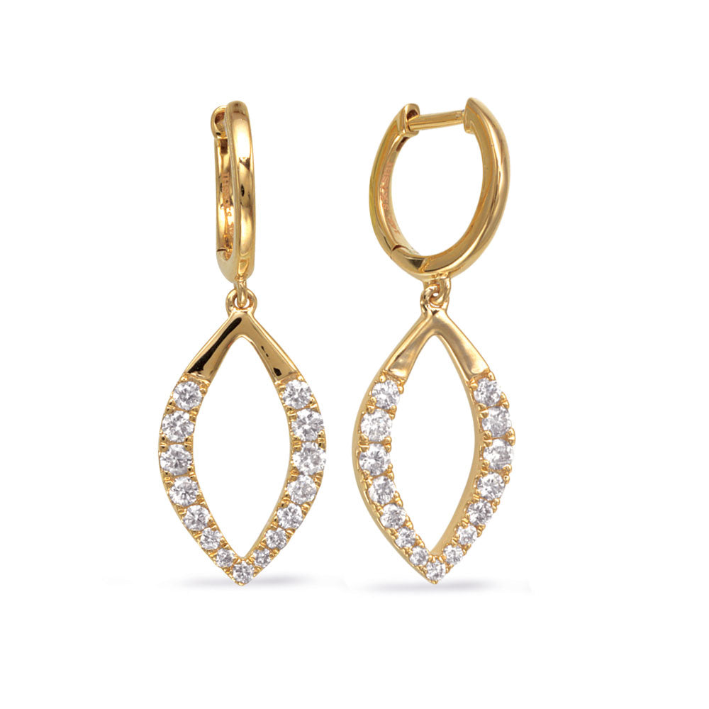 This Earring is available in 14K Yellow Gold. There are a total of 30 stones. There are Rounds with a total carat weight of 0.58 set in a Prong Set setting.