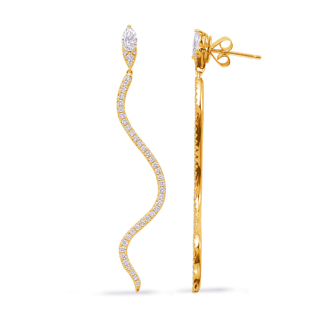 This Earring is available in 14K Yellow Gold. There are a total of 84 stones. There are Marquise with a total carat weight of 0.37 set in a Micro Prong|Prong Set setting.There are Rounds stones with a total carat weight of 0.56 set in a Micro Prong|Prong Set.