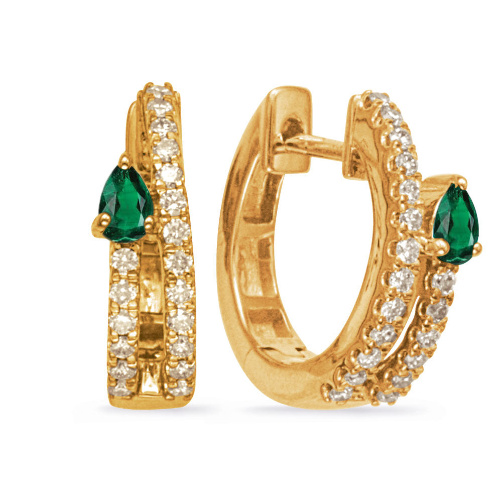 This Earring is available in 14K Yellow Gold. There are a total of 40 stones. There are Emerald with a total carat weight of 0.21 set in a  setting.There are Rounds stones with a total carat weight of 0.3 set in a .