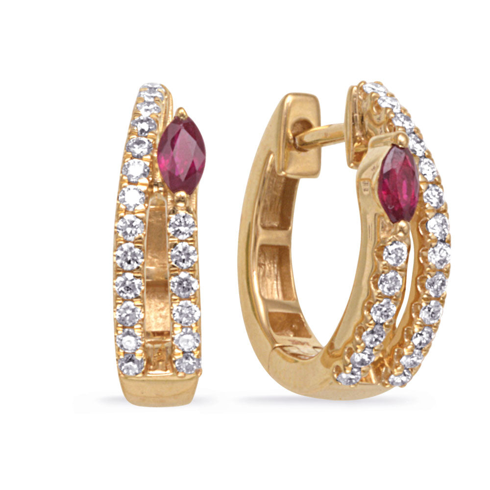This Earring is available in 14K Yellow Gold. There are a total of 40 stones. There are Rounds with a total carat weight of 0.3 set in a Micro Prong|Prong Set setting.There are Ruby stones with a total carat weight of 0.22 set in a Micro Prong|Prong Set.