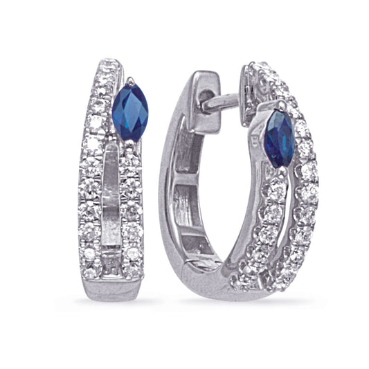 This Earring is available in 14K White Gold. There are a total of 40 stones. There are Rounds with a total carat weight of 0.3 set in a Micro Prong|Prong Set setting.There are Sapphire stones with a total carat weight of 0.22 set in a Micro Prong|Prong Set.