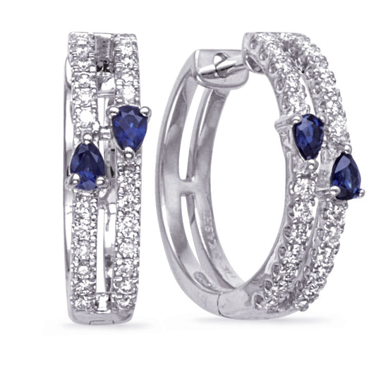 This Earring is available in 14K White Gold. There are a total of 52 stones. There are Rounds with a total carat weight of 0.37 set in a Micro Prong|Prong Set setting.There are Sapphire stones with a total carat weight of 0.3 set in a Micro Prong|Prong Set.