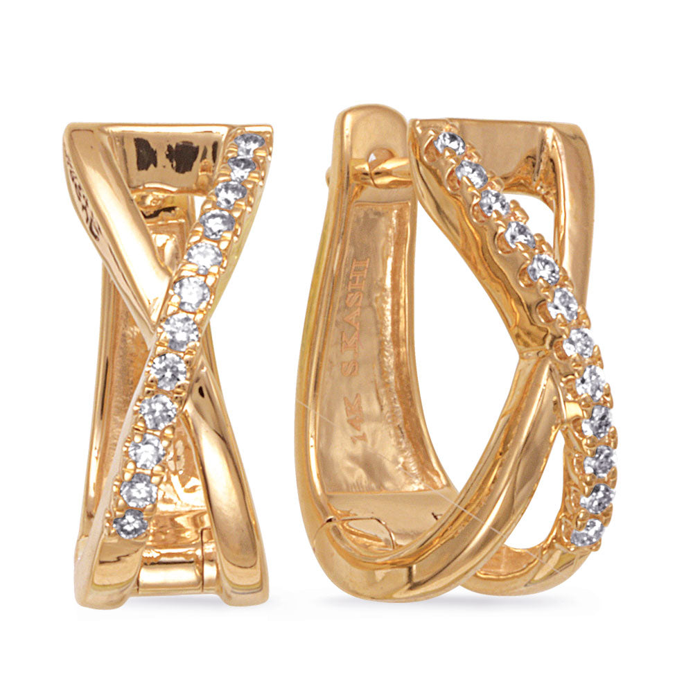 This Earring is available in 14K Yellow Gold. There are a total of 24 stones. There are Rounds with a total carat weight of 0.19 set in a Micro Prong setting.