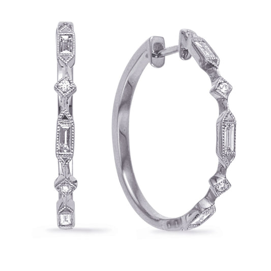 This Earring is available in 14K White Gold. There are a total of 10 stones. There are Baguette with a total carat weight of 0.33 set in a Channel Set|Micro Prong setting.There are Rounds stones with a total carat weight of 0.03 set in a Channel Set|Micro Prong.