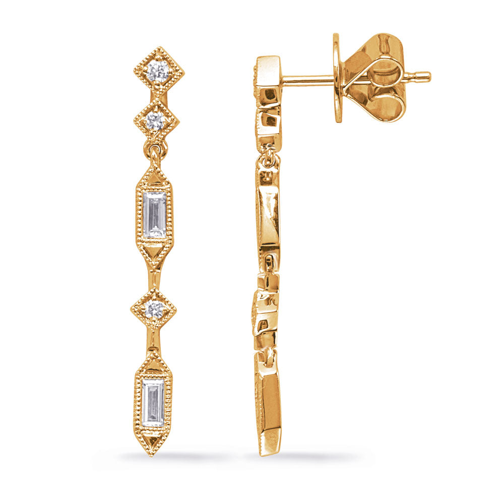 This Earring is available in 14K Yellow Gold. There are a total of 10 stones. There are Baguette with a total carat weight of 0.28 set in a Channel Set|Micro Prong setting.There are Rounds stones with a total carat weight of 0.08 set in a Channel Set|Micro Prong.