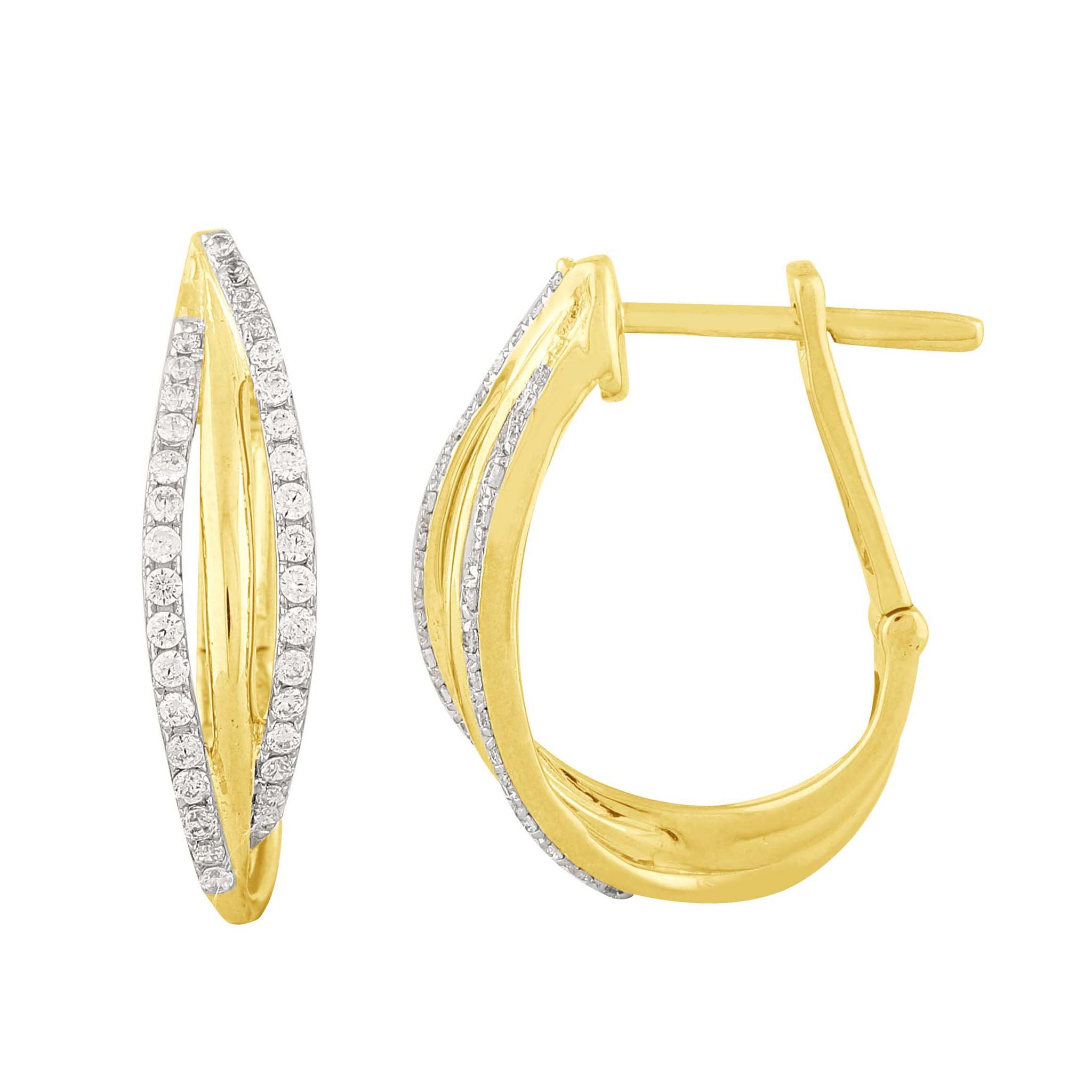 This Earring is available in 14K Yellow Gold. There are a total of 68 stones. There are Rounds with a total carat weight of 0.5 set in a Prong Set setting.