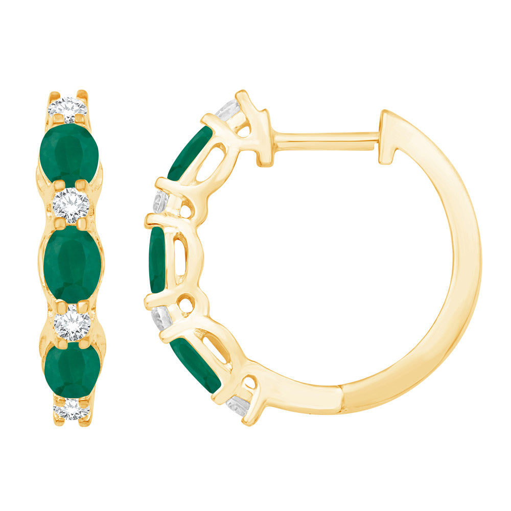 This Earring is available in 14K Yellow Gold. There are a total of 14 stones. There are Emerald with a total carat weight of 0.7 set in a Micro Prong|Prong Set setting.There are Rounds stones with a total carat weight of 0.22 set in a Micro Prong|Prong Set.