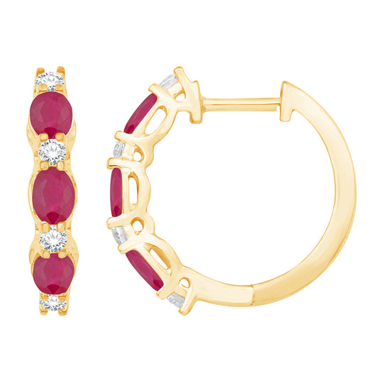 This Earring is available in 14K Yellow Gold. There are a total of 14 stones. There are Rounds with a total carat weight of 0.22 set in a Micro Prong|Prong Set setting.There are Ruby stones with a total carat weight of 1.24 set in a Micro Prong|Prong Set.