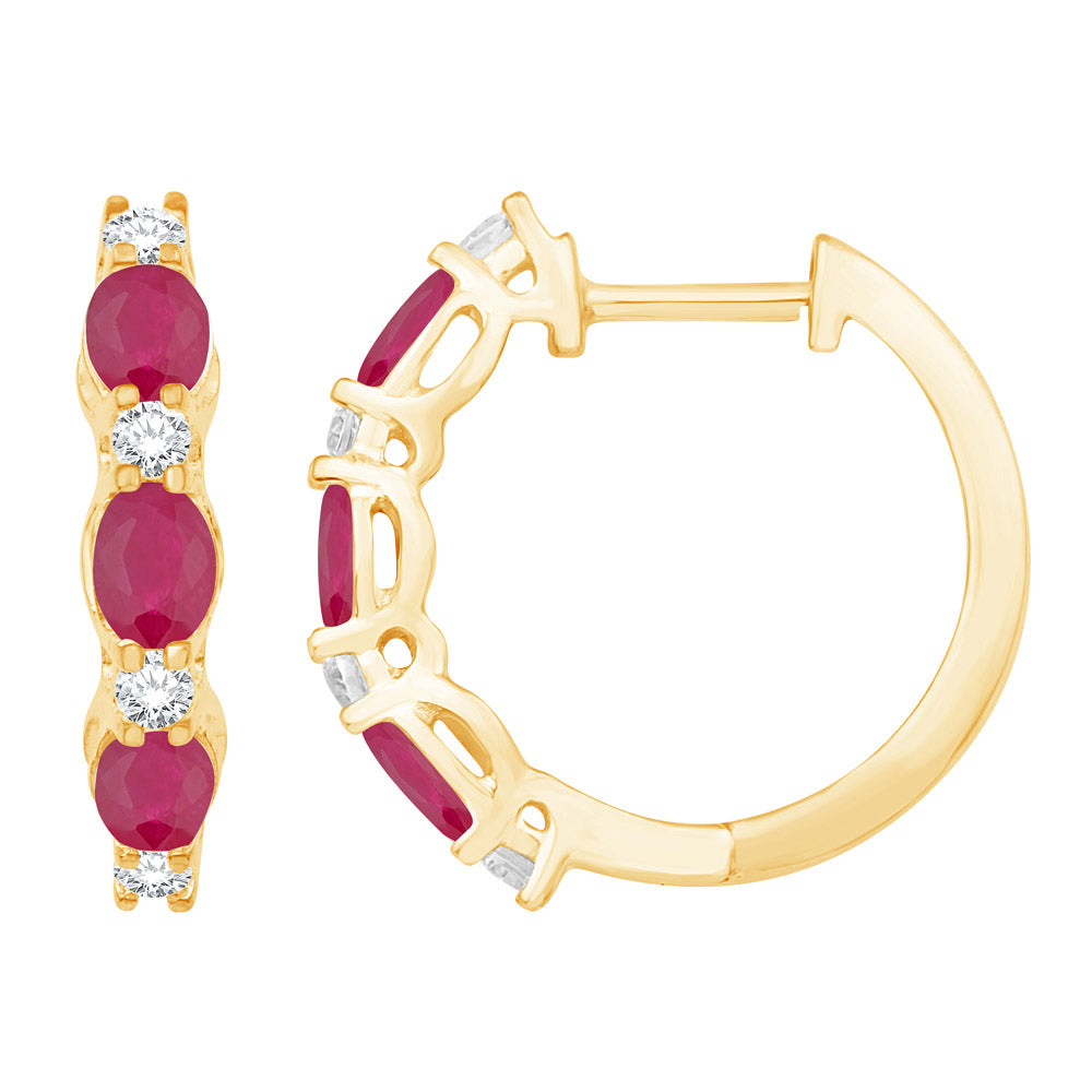 This Earring is available in 14K Yellow Gold. There are a total of 14 stones. There are Rounds with a total carat weight of 0.22 set in a Micro Prong|Prong Set setting.There are Ruby stones with a total carat weight of 1.24 set in a Micro Prong|Prong Set.