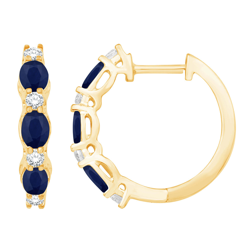 This Earring is available in 14K Yellow Gold. There are a total of 14 stones. There are Rounds with a total carat weight of 0.22 set in a Micro Prong|Prong Set setting.There are Sapphire stones with a total carat weight of 1.17 set in a Micro Prong|Prong Set.