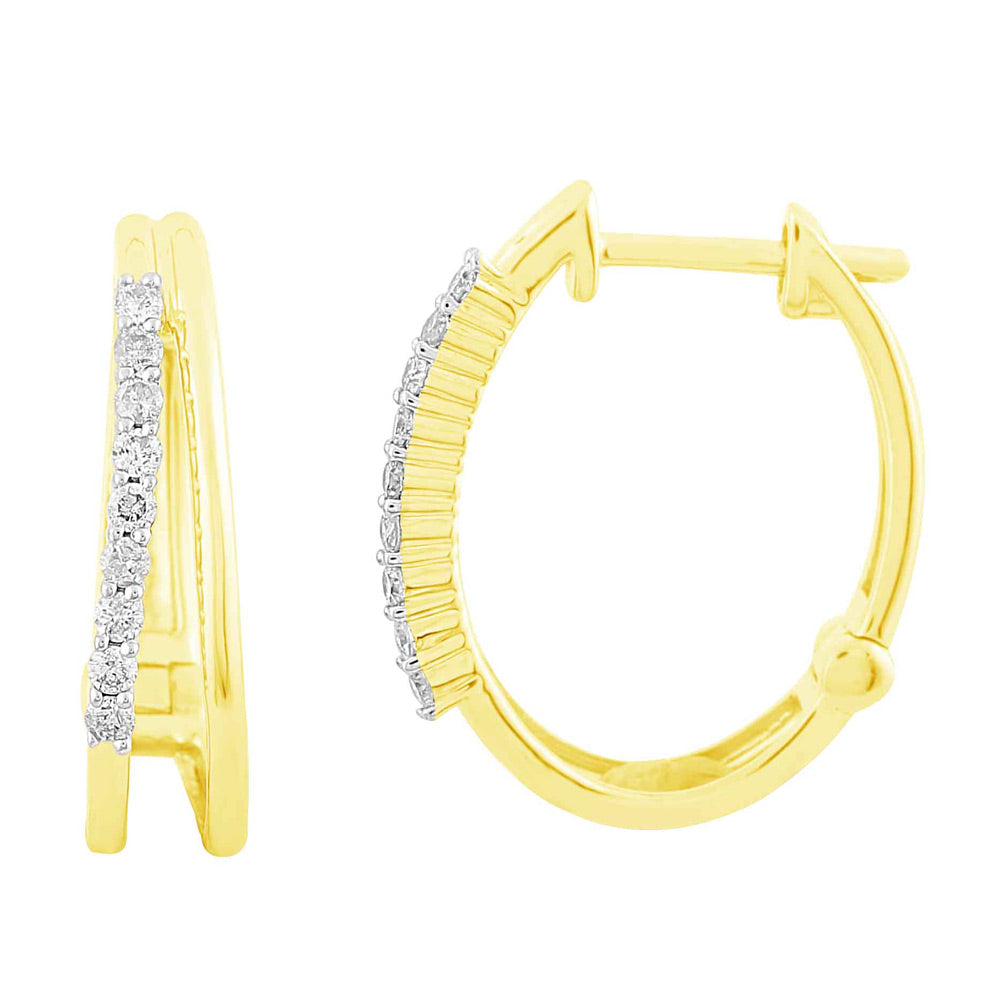 This Earring is available in 14K Yellow Gold. There are a total of 18 stones. There are Rounds with a total carat weight of 0.24 set in a Micro Prong setting.