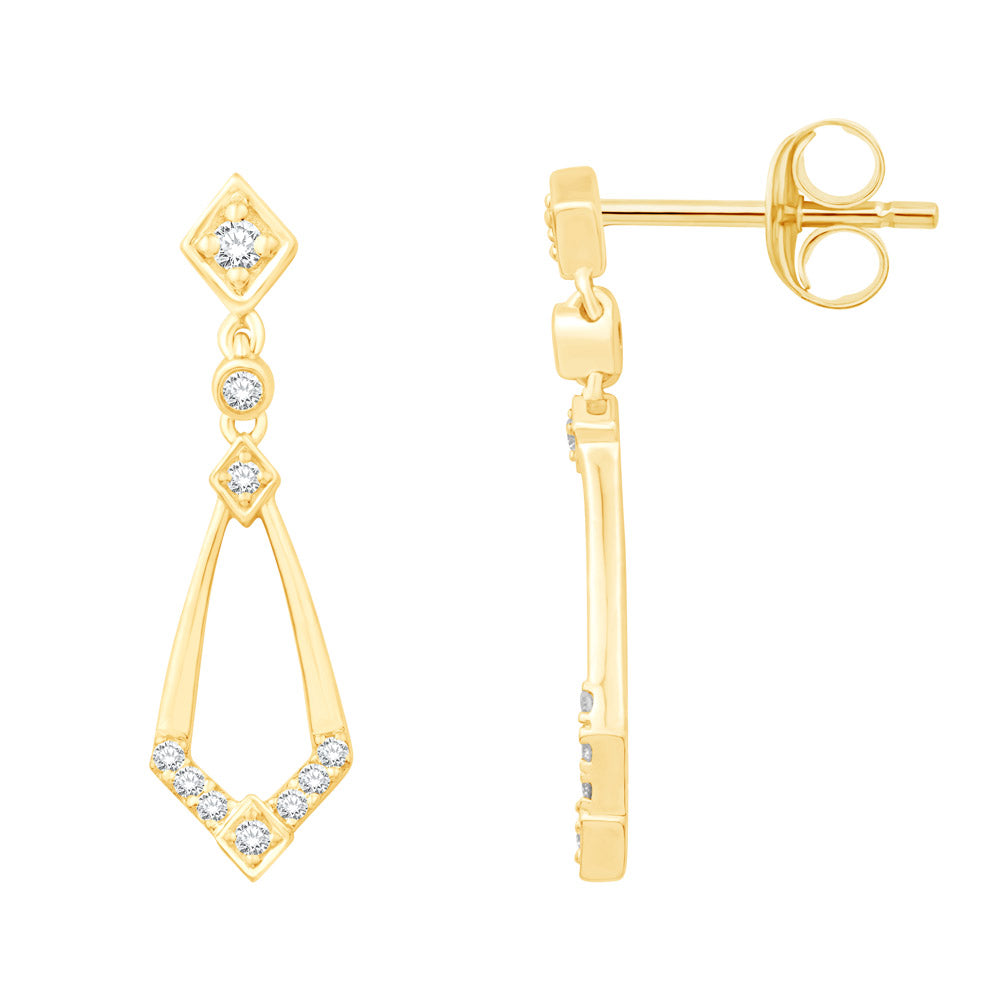 This Earring is available in 14K Yellow Gold. There are a total of 20 stones. There are Rounds with a total carat weight of 0.23 set in a Micro Prong|Prong Set setting.