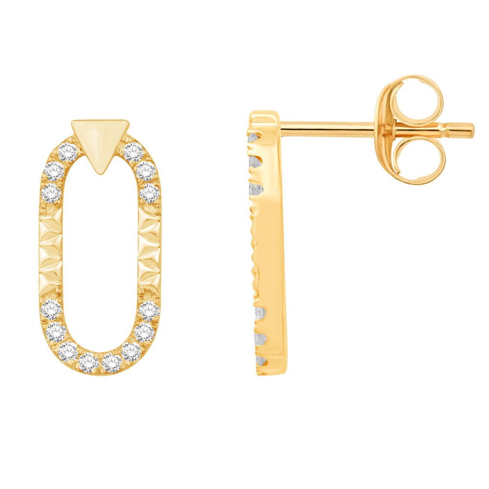 This Earring is available in 14K Yellow Gold. There are a total of 28 stones. There are Rounds with a total carat weight of 0.24 set in a Prong Set setting.