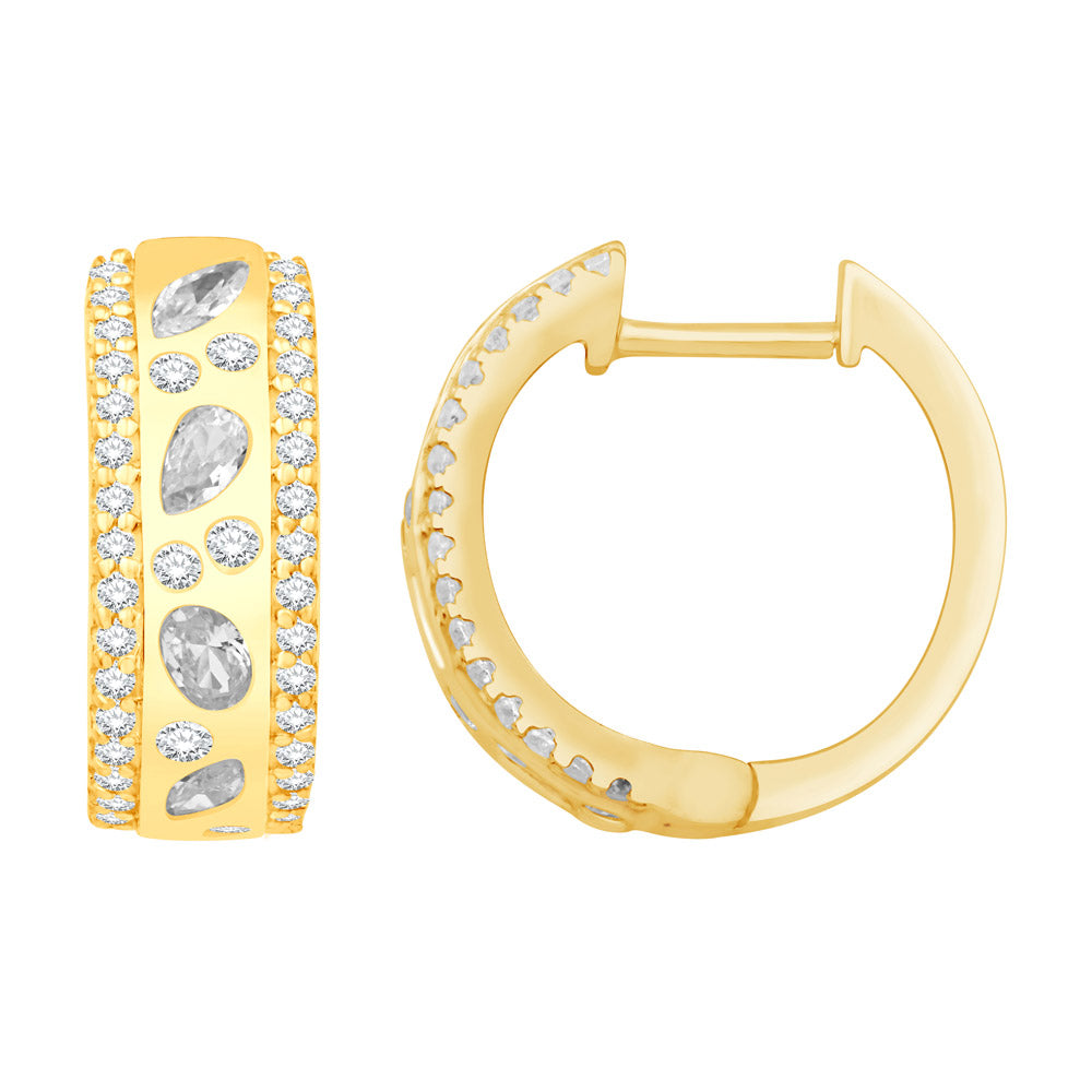 This Earring is available in 14K Yellow Gold. There are a total of 84 stones. There are Marquise with a total carat weight of 0.21 set in a Bezel Set|Micro Prong setting.There are Oval stones with a total carat weight of 0.12 set in a Bezel Set|Micro Prong.