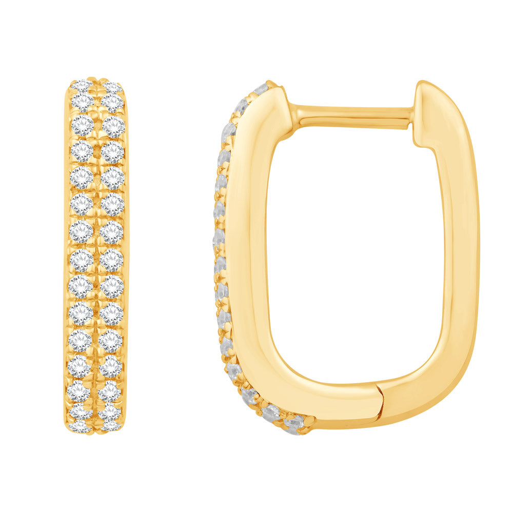 This Earring is available in 14K Yellow Gold. There are a total of 60 stones. There are Rounds with a total carat weight of 0.31 set in a Micro Pave setting.