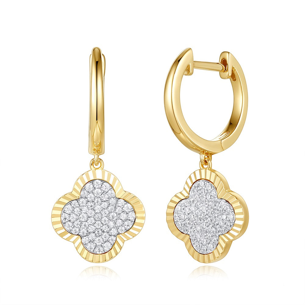 This Earring is available in 14K Yellow Gold. There are a total of 110 stones. There are Rounds with a total carat weight of 0.32 set in a Micro Prong setting.