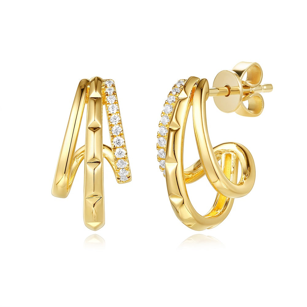This Earring is available in 14K Yellow Gold. There are a total of 22 stones. There are Rounds with a total carat weight of 0.12 set in a Micro Prong setting.