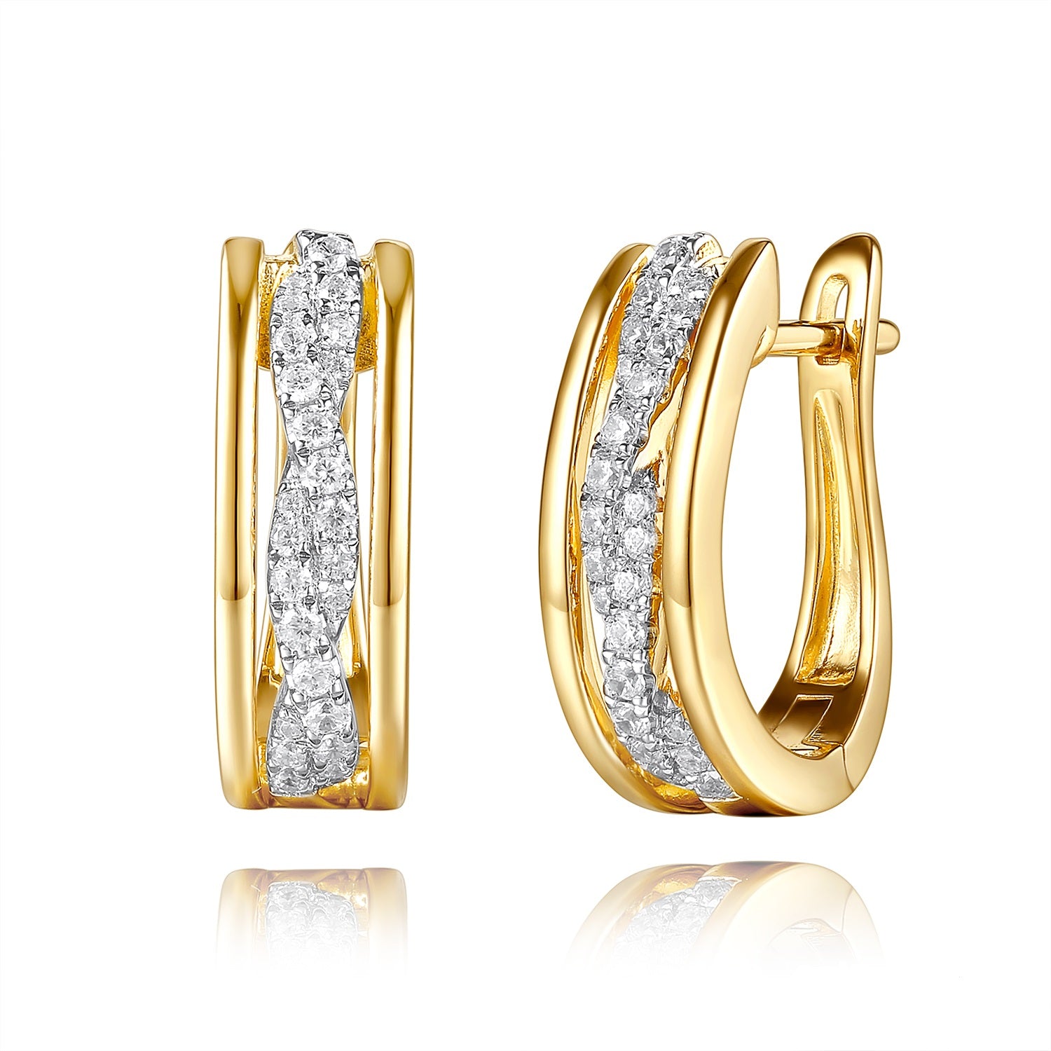 This Earring is available in 14K Yellow & White Gold. There are a total of 50 stones. There are Rounds with a total carat weight of 0.3 set in a Micro Prong setting.