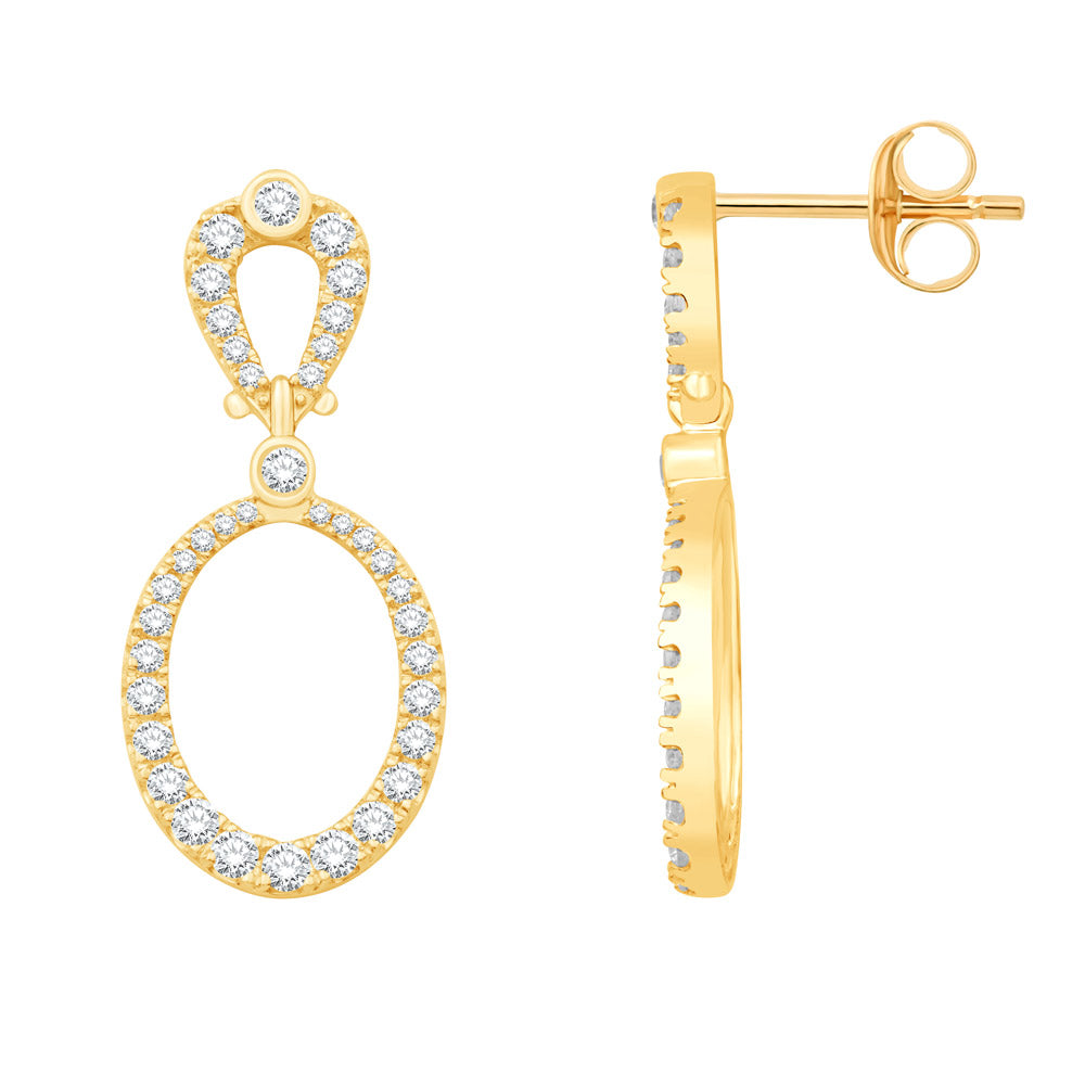 This Earring is available in 14K Yellow Gold. There are a total of 74 stones. There are Rounds with a total carat weight of 0.77 set in a Micro Prong|Prong Set setting.