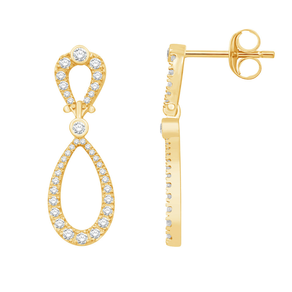 This Earring is available in 14K Yellow Gold. There are a total of 74 stones. There are Rounds with a total carat weight of 0.65 set in a Prong Set setting.