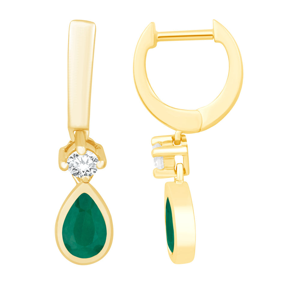 This Earring is available in 14K Yellow Gold. There are a total of 4 stones. There are Emerald with a total carat weight of 0.69 set in a Bezel Set|Micro Prong setting.There are Rounds stones with a total carat weight of 0.15 set in a Bezel Set|Micro Prong.