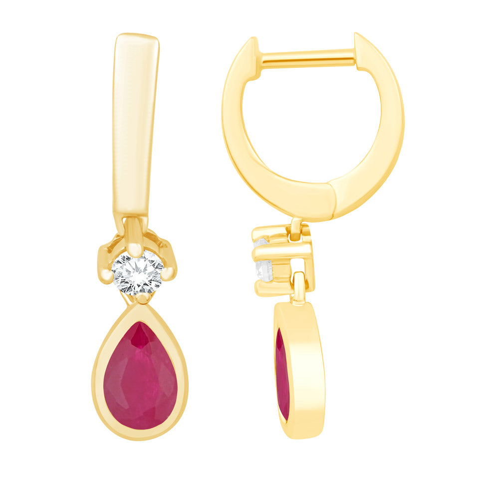 This Earring is available in 14K Yellow Gold. There are a total of 4 stones. There are Rounds with a total carat weight of 0.15 set in a Bezel Set|Micro Prong setting.There are Ruby stones with a total carat weight of 0.98 set in a Bezel Set|Micro Prong.