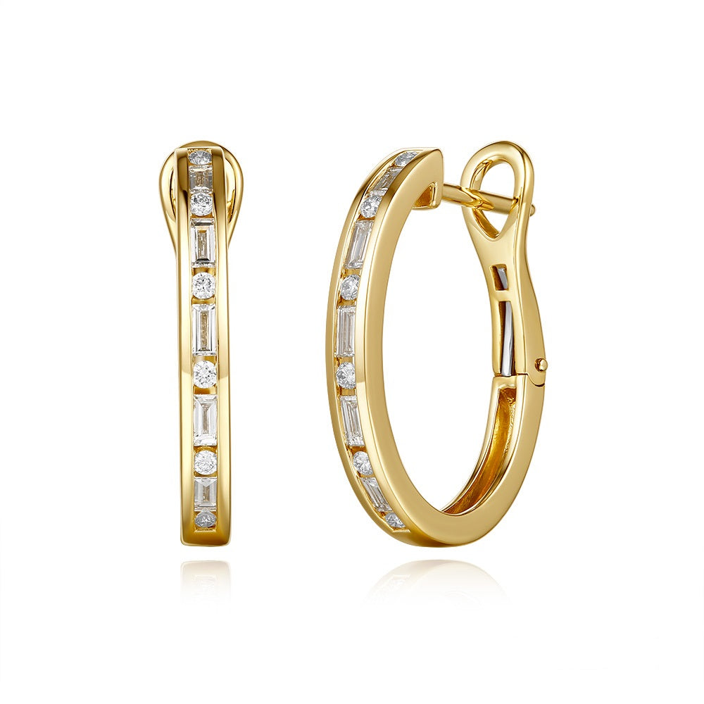This Earring is available in 14K Yellow Gold. There are a total of 22 stones. There are Baguette with a total carat weight of 0.38 set in a Channel Set setting.There are Rounds stones with a total carat weight of 0.15 set in a Channel Set.