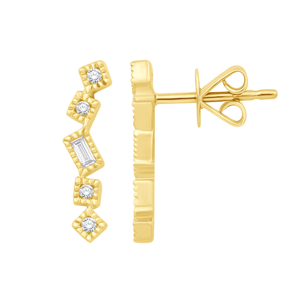 This Earring is available in 14K Yellow Gold. There are a total of 10 stones. There are Baguette with a total carat weight of 0.04 set in a Bezel Set setting.There are Rounds stones with a total carat weight of 0.06 set in a Bezel Set.