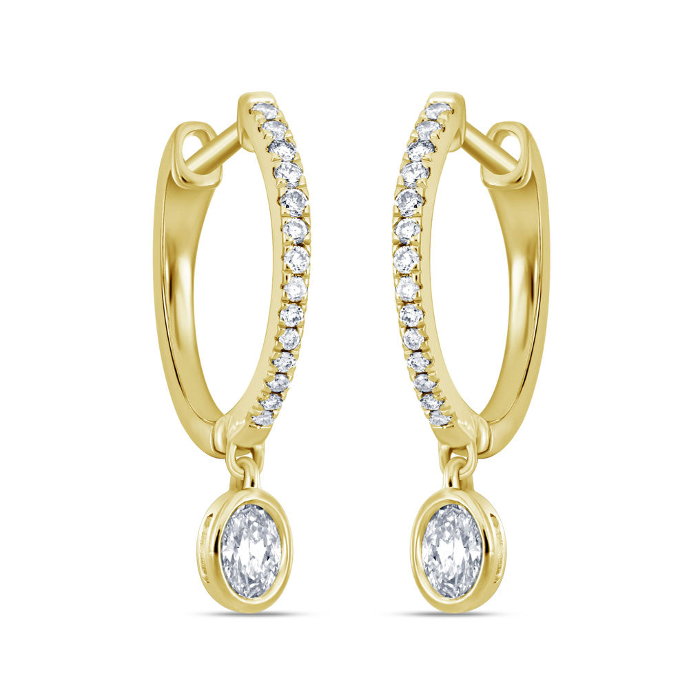 This Earring is available in 14K Yellow Gold. There are a total of 30 stones. There are Oval with a total carat weight of 0.29 set in a Bezel Set|Micro Prong setting.There are Rounds stones with a total carat weight of 0.15 set in a Bezel Set|Micro Prong.