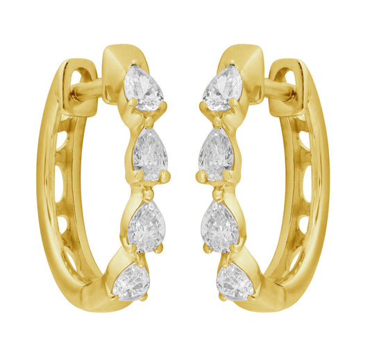 This Earring is available in 14K Yellow Gold. There are a total of 8 stones. There are Pear Shape with a total carat weight of 0.48 set in a Prong Set setting.