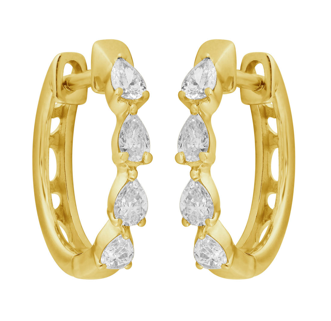This Earring is available in 14K Yellow Gold. There are a total of 8 stones. There are Pear Shape with a total carat weight of 0.48 set in a Prong Set setting.