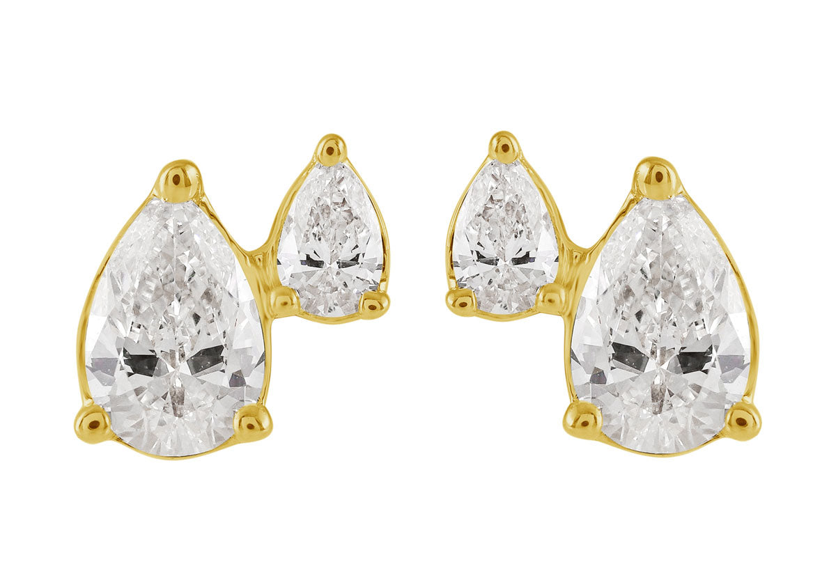 This Earring is available in 14K Yellow Gold. There are a total of 4 stones. There are Pear Shape with a total carat weight of 0.6 set in a Prong Set setting.