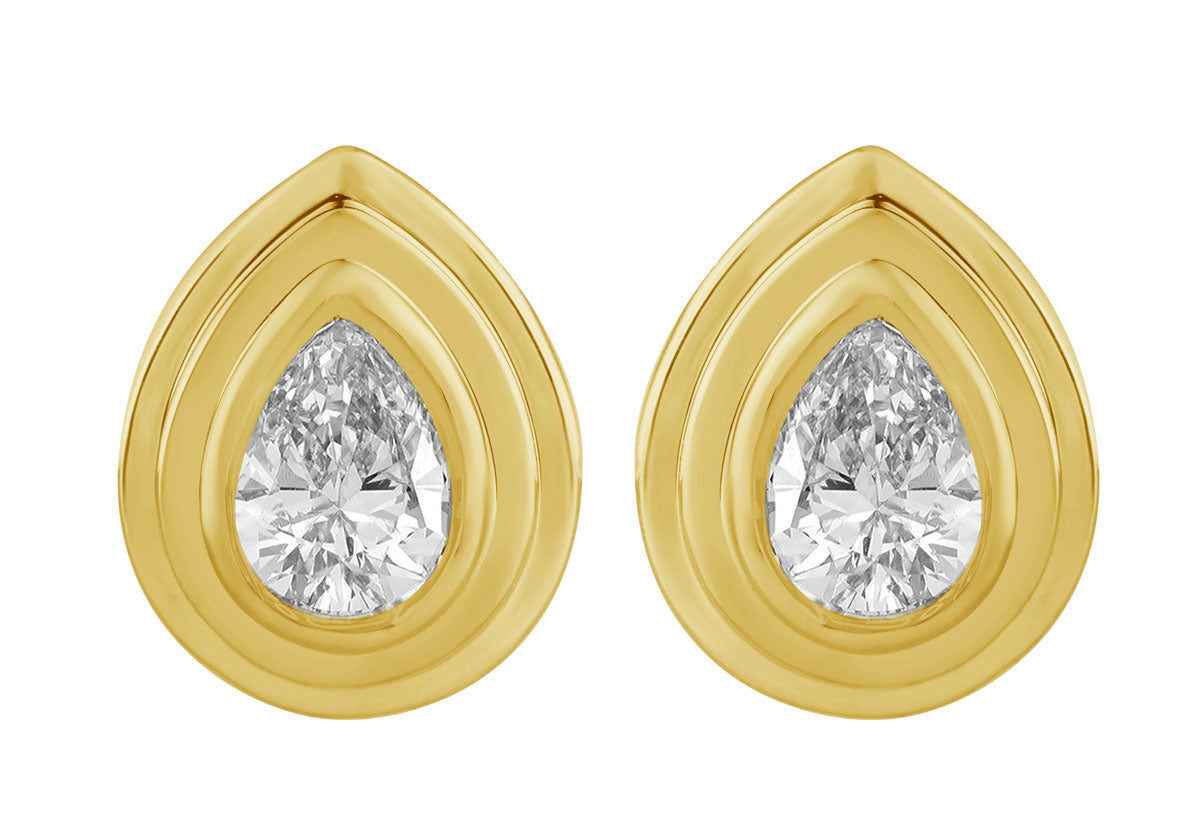 This Earring is available in 14K Yellow Gold. There are a total of 2 stones. There are Pear Shape with a total carat weight of 0.31 set in a Bezel Set setting.