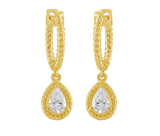 This Earring is available in 14K Yellow Gold. There are a total of 2 stones. There are Pear Shape with a total carat weight of 0.48 set in a Prong Set setting.