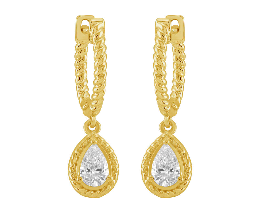 This Earring is available in 14K Yellow Gold. There are a total of 2 stones. There are Pear Shape with a total carat weight of 0.48 set in a Prong Set setting.