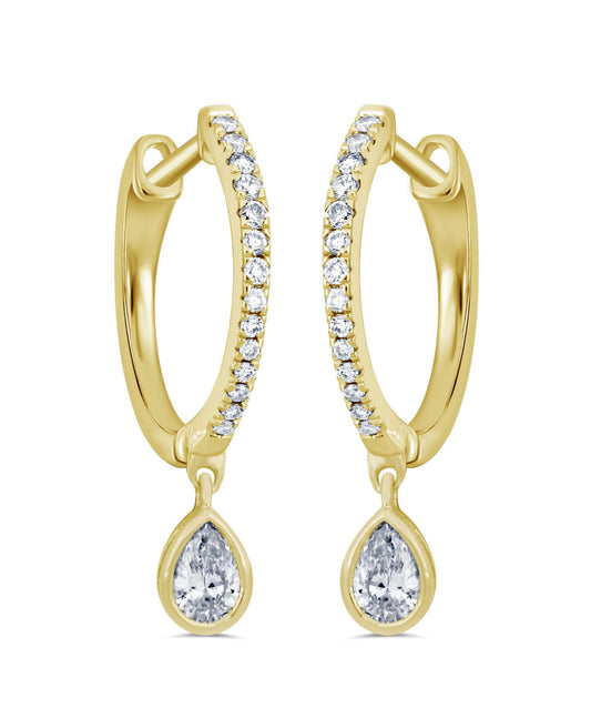 This Earring is available in 14K Yellow Gold. There are a total of 30 stones. There are Pear Shape with a total carat weight of 0.29 set in a  setting.There are Rounds stones with a total carat weight of 0.15 set in a .